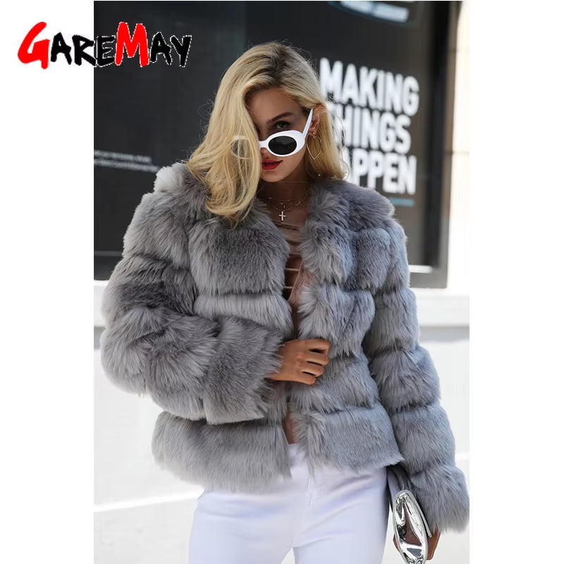 Vintage Fluffy Faux Fur Coat for Women Short Furry Fake Fur Winter Outerwear Pink Coat 2024 Autumn Casual Party Overcoat