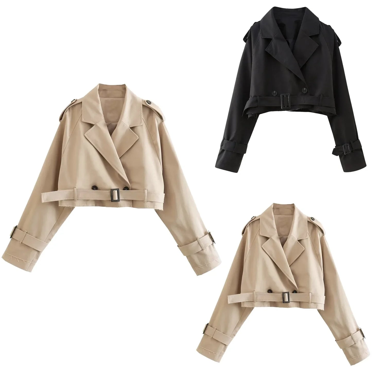 Women Fashion With Belt Double Breasted Crop Jacket Coat Vintage Long Sleeve Loose Female Outerwear Chic Tops