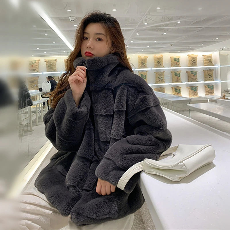 Faux Fur Coat for Women,Long Sleeve,Plush Jacket for Ladies,Korean Fashion,Artificial Mink, Fluffy Zipper Overcoats,Winter 2024