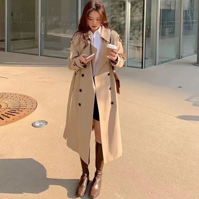 Streetwear Loose Trench Coat Midi Length Fashion Korean Elegant Khaki Black Women's Windbreaker Coat Casual Double Breasted Tops